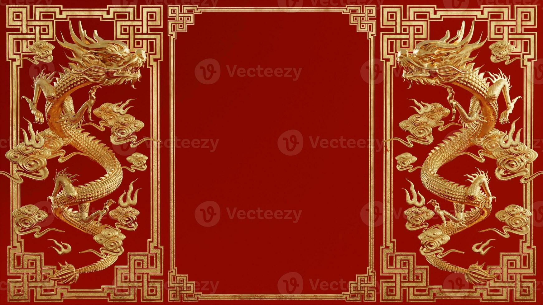 3d rendering illustration background for happy chinese new year 2024 the dragon zodiac sign with red and gold color, flower, lantern, and asian elements. photo