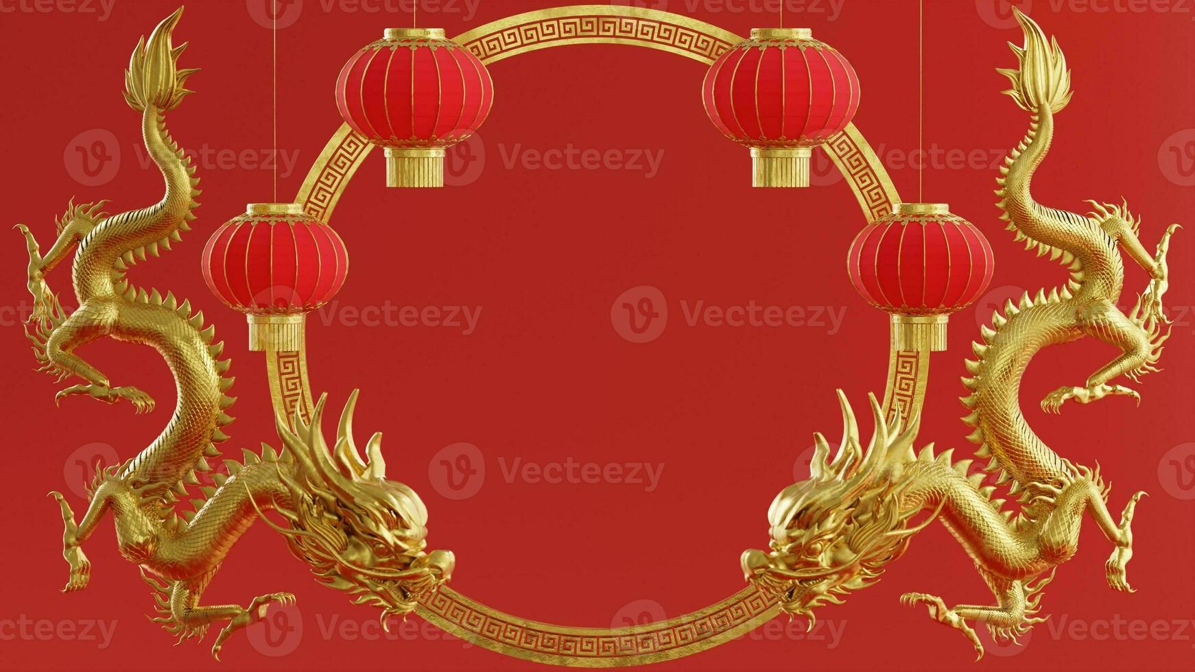 3d rendering illustration background for happy chinese new year 2024 the dragon zodiac sign with red and gold color, flower, lantern, and asian elements. photo