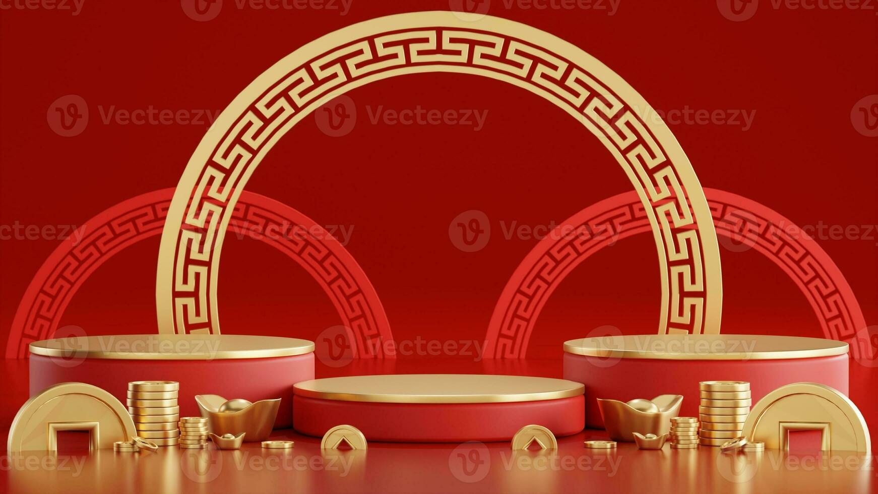 3d rendering illustration of podium round stage podium and paper art chinese new year, chinese festivals, mid autumn festival , red and gold ,flower and asian elements  on background. photo