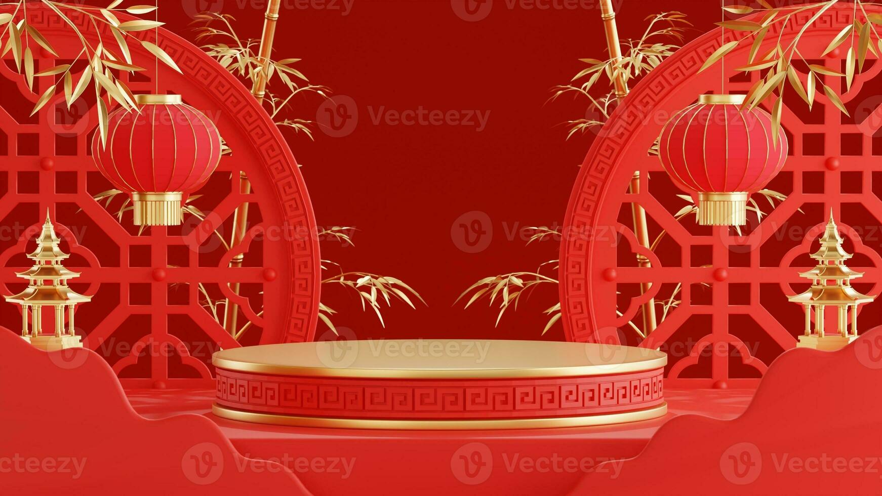 3d rendering illustration of podium round stage podium and paper art chinese new year, chinese festivals, mid autumn festival , red and gold ,flower and asian elements  on background. photo