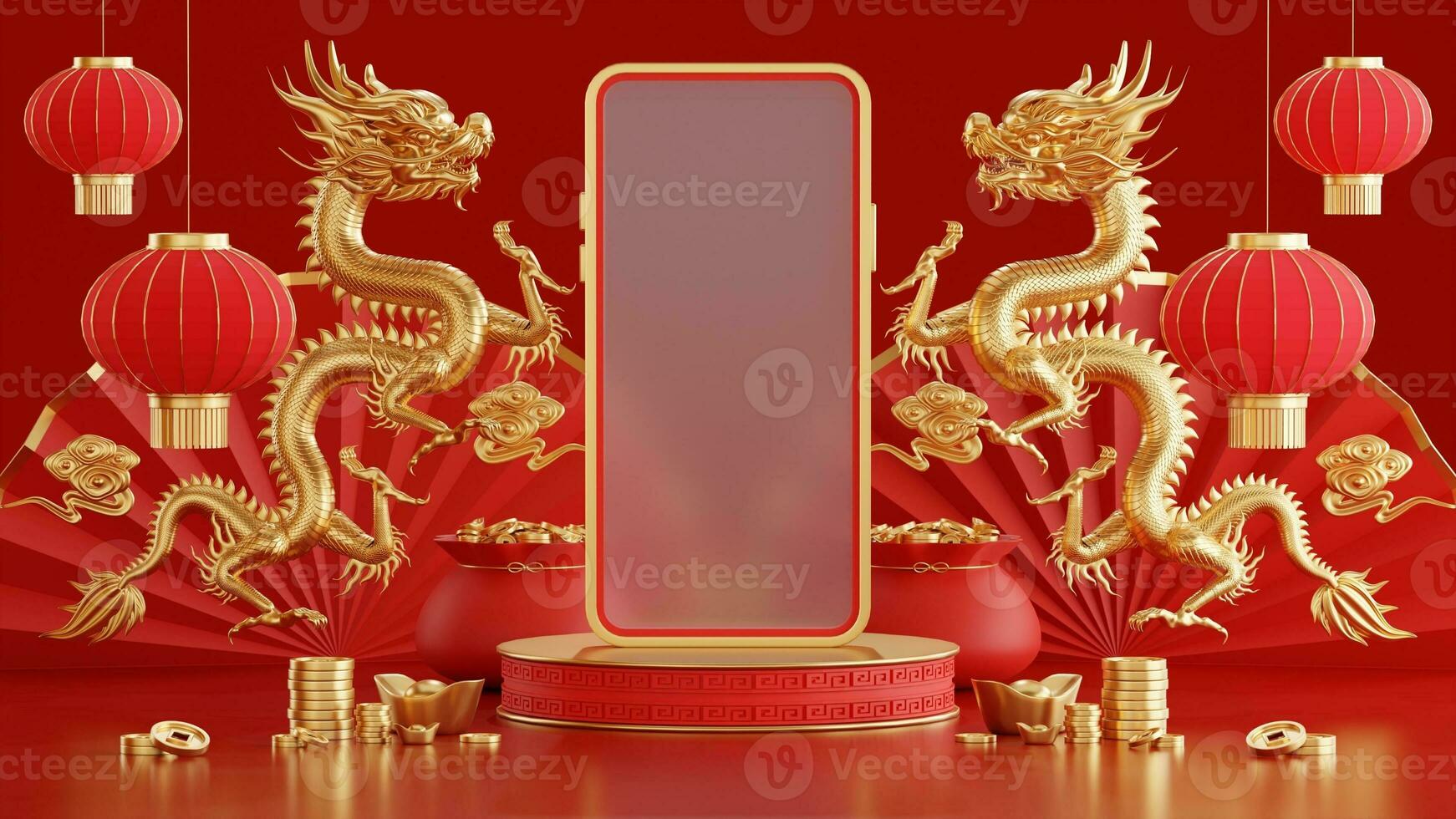 3d rendering illustration of podium round stage podium and paper art chinese new year, chinese festivals, mid autumn festival , red and gold ,flower and asian elements  on background. photo