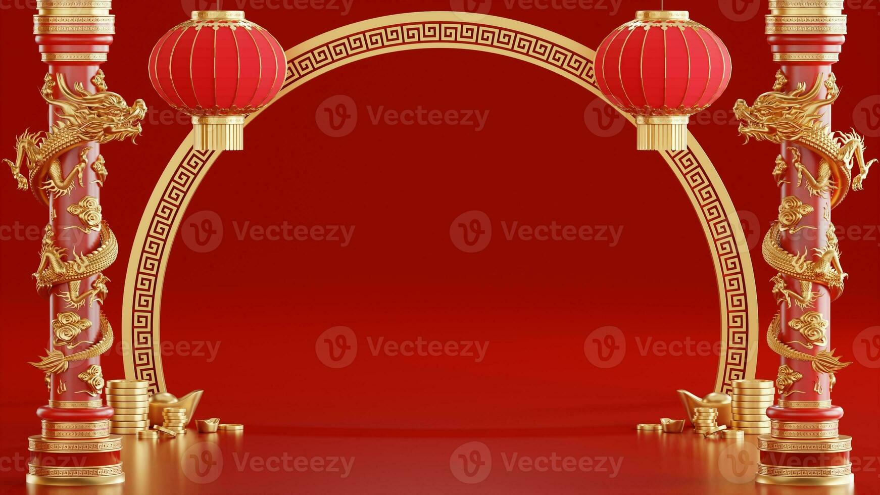 3d rendering illustration background for happy chinese new year 2024 the dragon zodiac sign with red and gold color, flower, lantern, and asian elements. photo