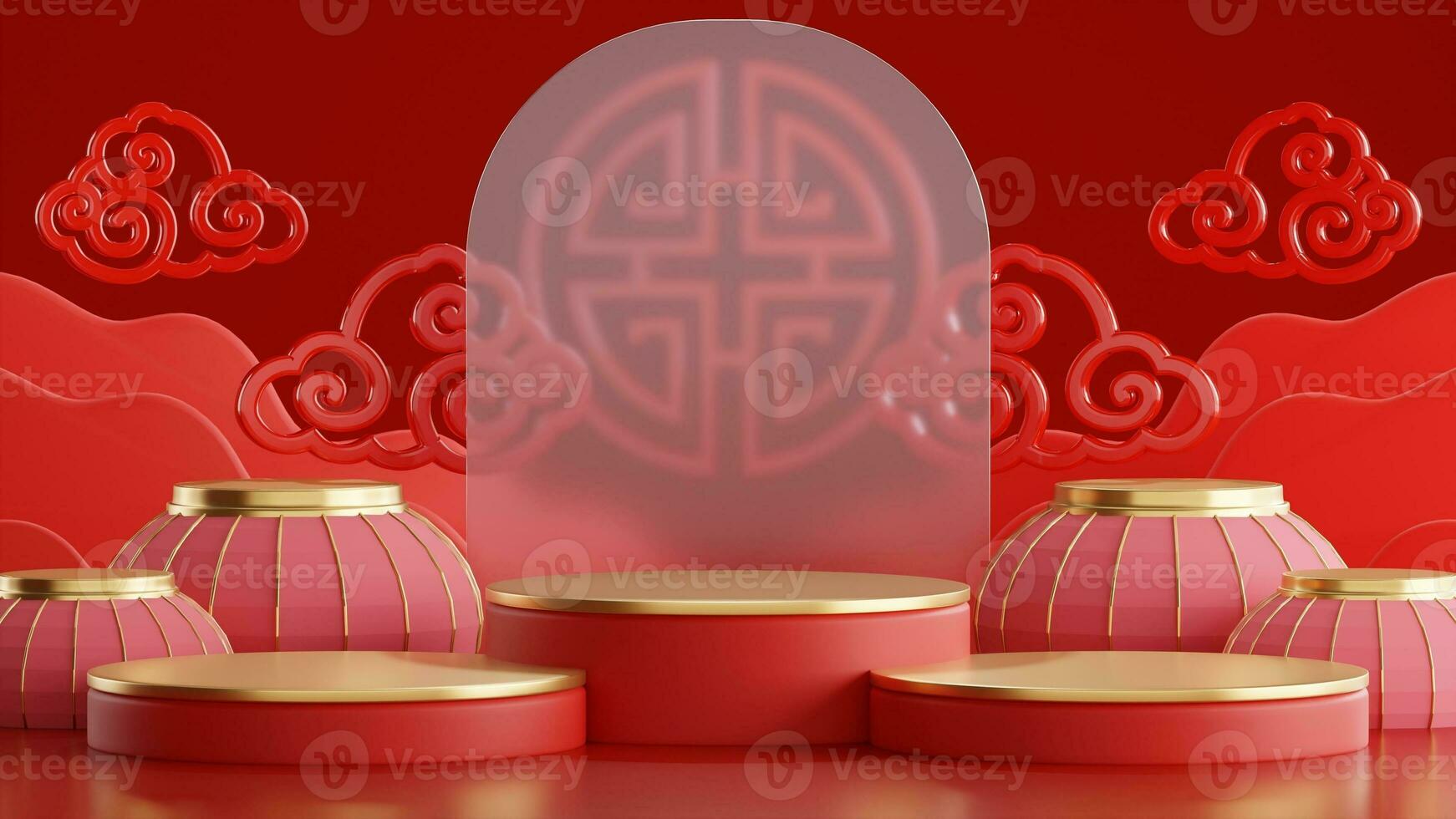 3d rendering illustration of podium round stage podium and paper art chinese new year, chinese festivals, mid autumn festival , red and gold ,flower and asian elements  on background. photo