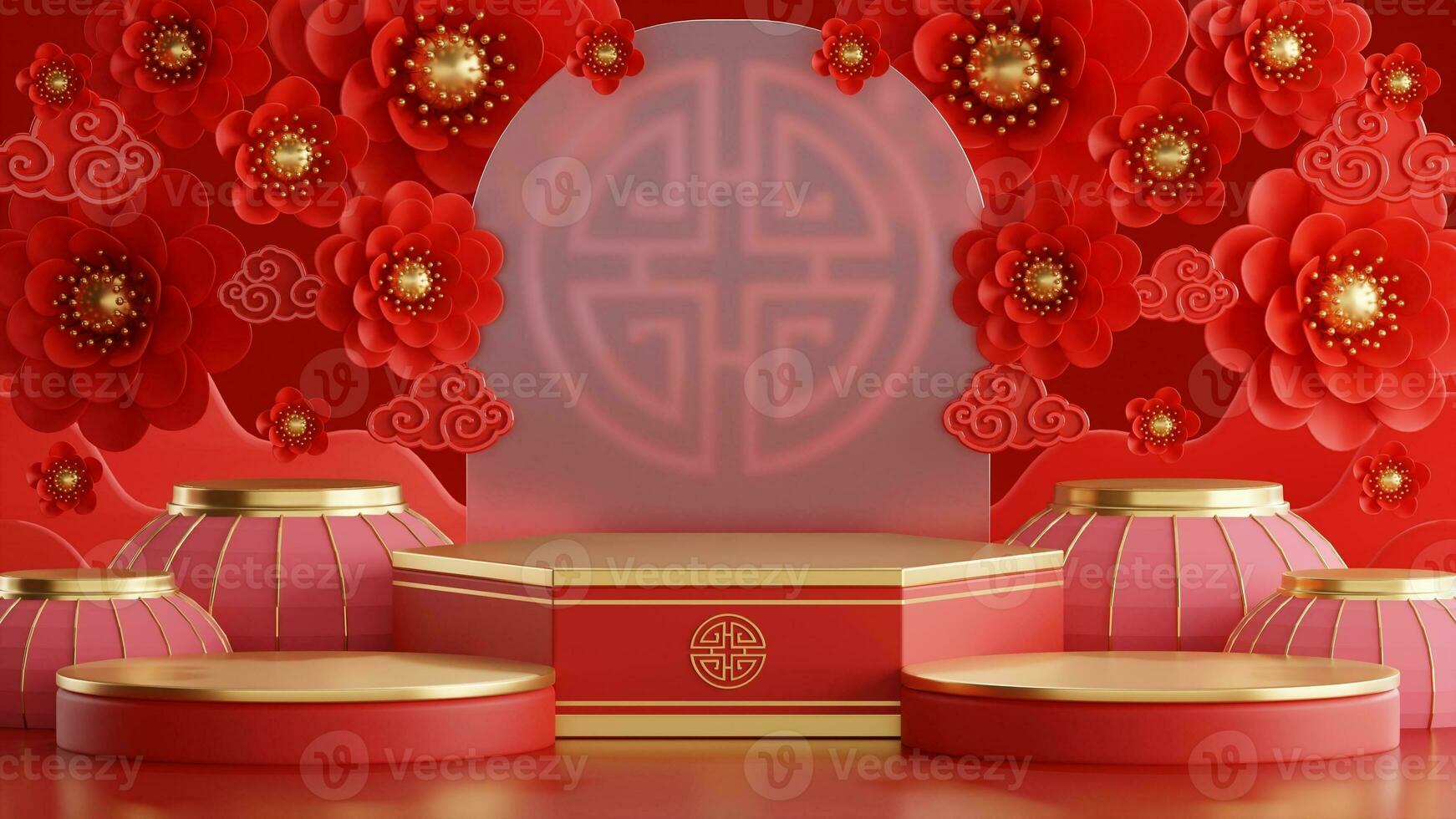 3d rendering illustration of podium round stage podium and paper art chinese new year, chinese festivals, mid autumn festival , red and gold ,flower and asian elements  on background. photo