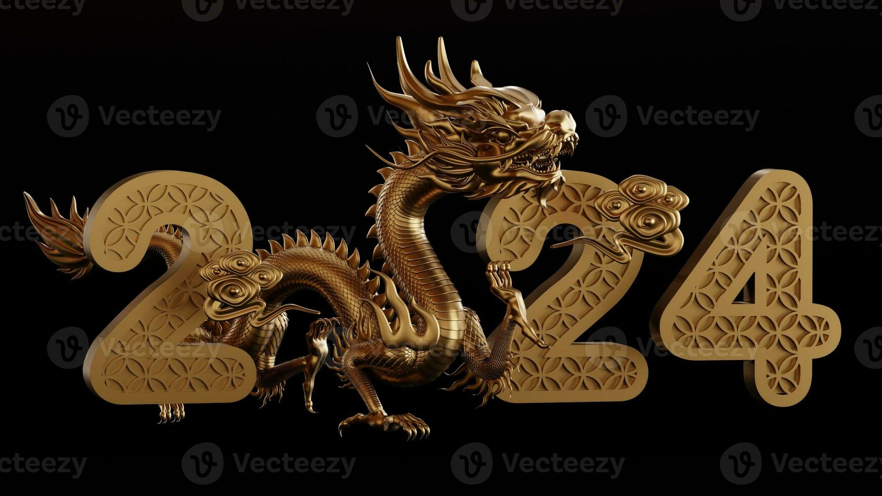 3d rendering illustration for happy chinese new year 2024 the dragon zodiac sign with flower, lantern, asian elements, red and gold on background. photo