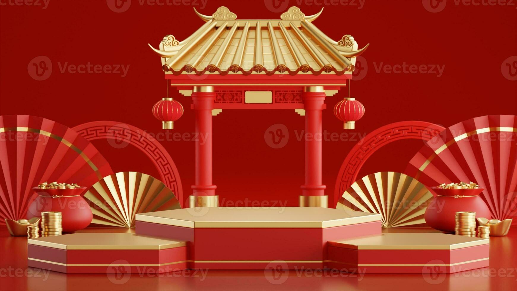 3d rendering illustration of podium round stage podium and paper art chinese new year, chinese festivals, mid autumn festival , red and gold ,flower and asian elements  on background. photo
