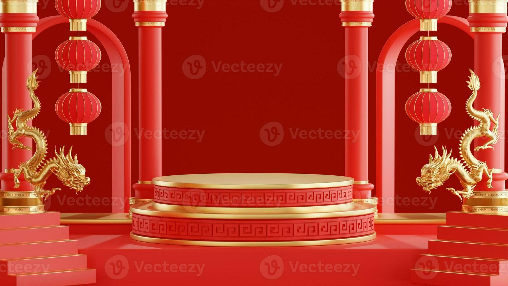 3d rendering illustration of podium round stage podium and paper art chinese new year, chinese festivals, mid autumn festival , red and gold ,flower and asian elements  on background. photo