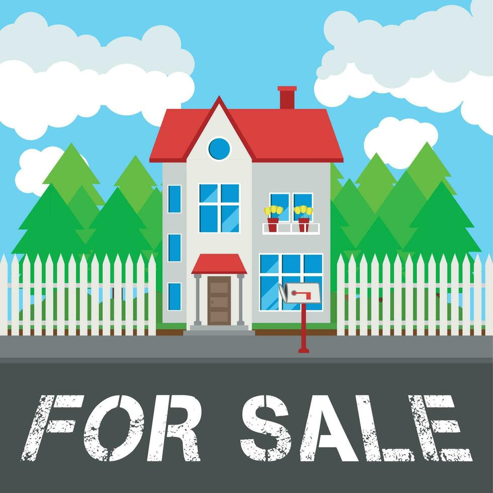 House for sale along the road. Part of the rural and urban landscape. Vector illustration in flat style.