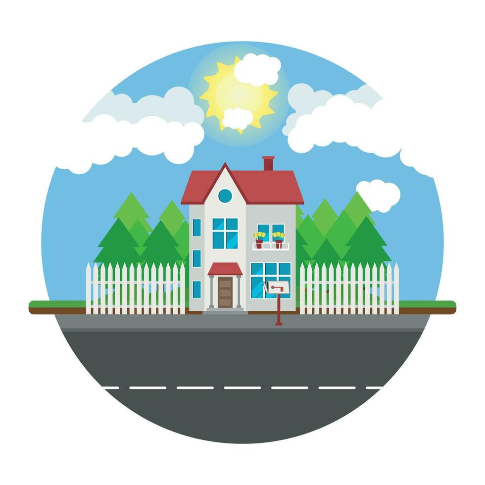 House on round background along the road. Part of the rural and urban landscape. Vector illustration in flat style.