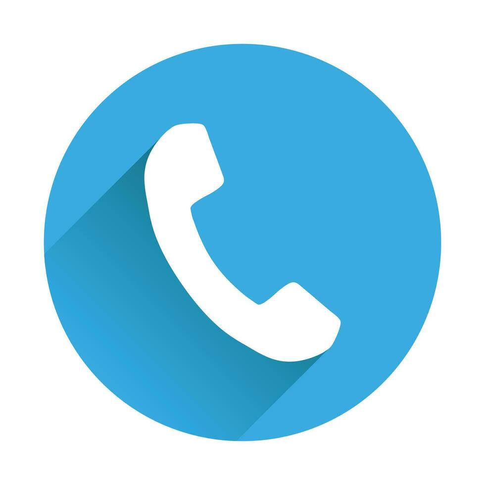 Phone icon in flat style. Vector illustration on round blue background with shadow.