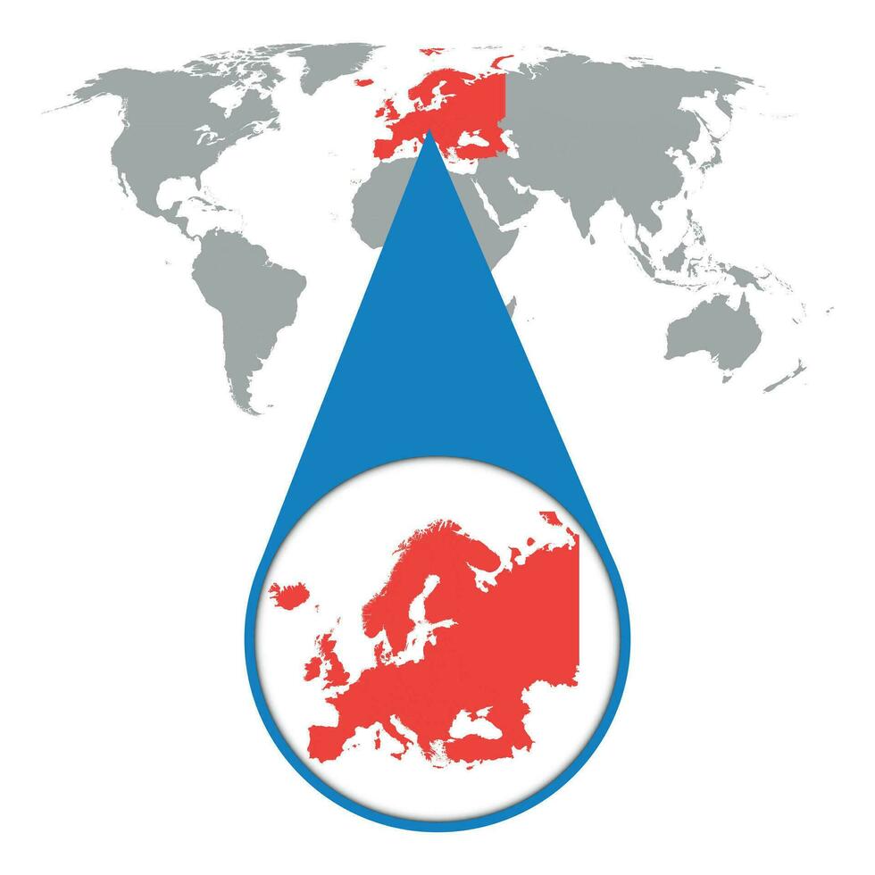 World map with zoom on Europe. Map in loupe. Vector illustration in flat style