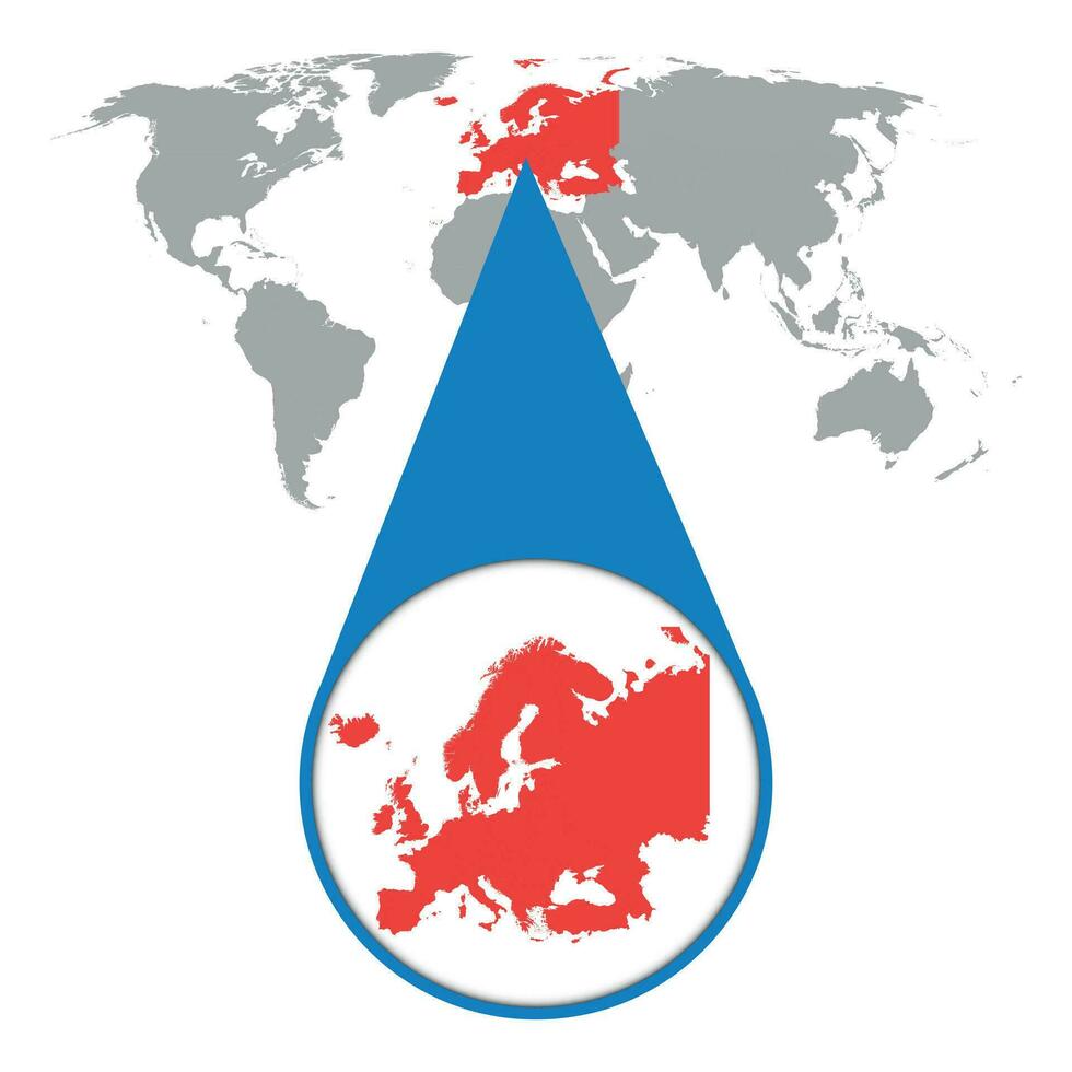 mundo mapa con enfocar en Europa. mapa en lupa vector ilustración en plano estilo