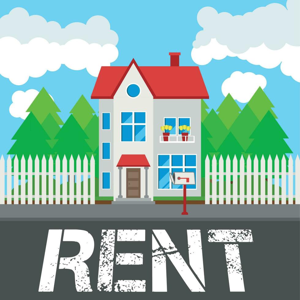 House for rent along the road. Part of the rural and urban landscape. Vector illustration in flat style.