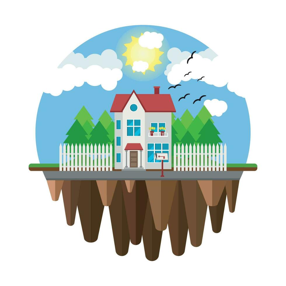 Floating house, flying home. Part of the rural and urban landscape. Vector illustration in flat style.