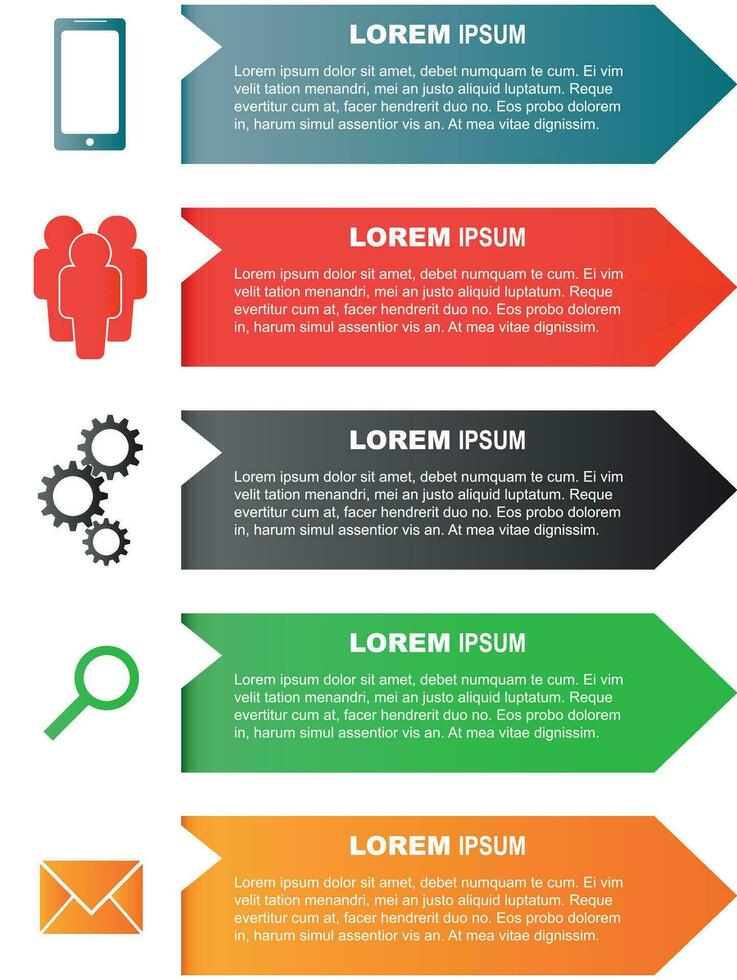 infografía plantillas con teléfono inteligente, gente, engranaje, lupa y SMS mensaje para negocio. color plano vector ilustración