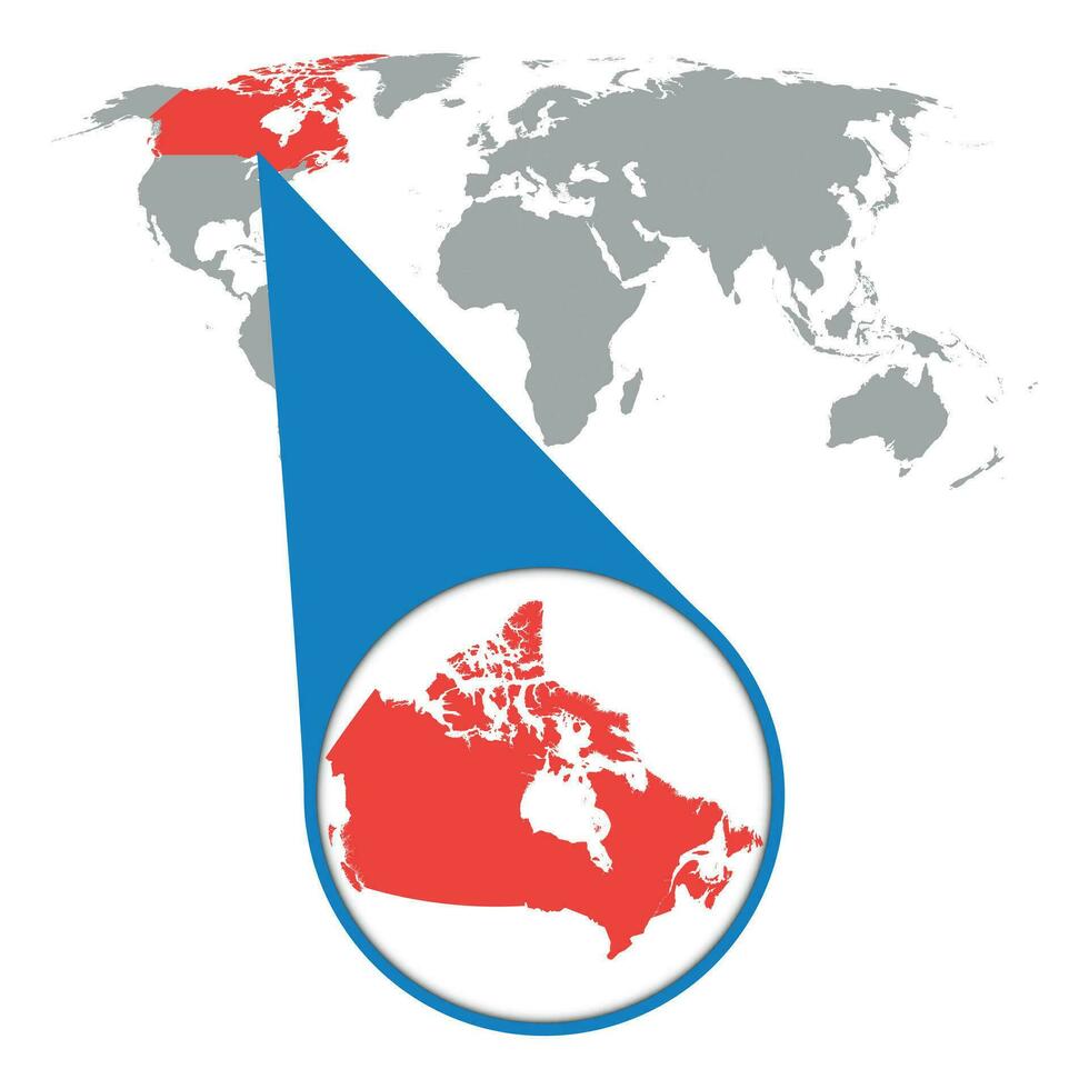 mundo mapa con enfocar en Canadá. mapa en lupa vector ilustración en plano estilo