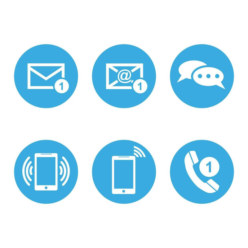 Contact buttons set icons. Email, envelope, phone, mobile. Vector illustration in flat style on round blue background.