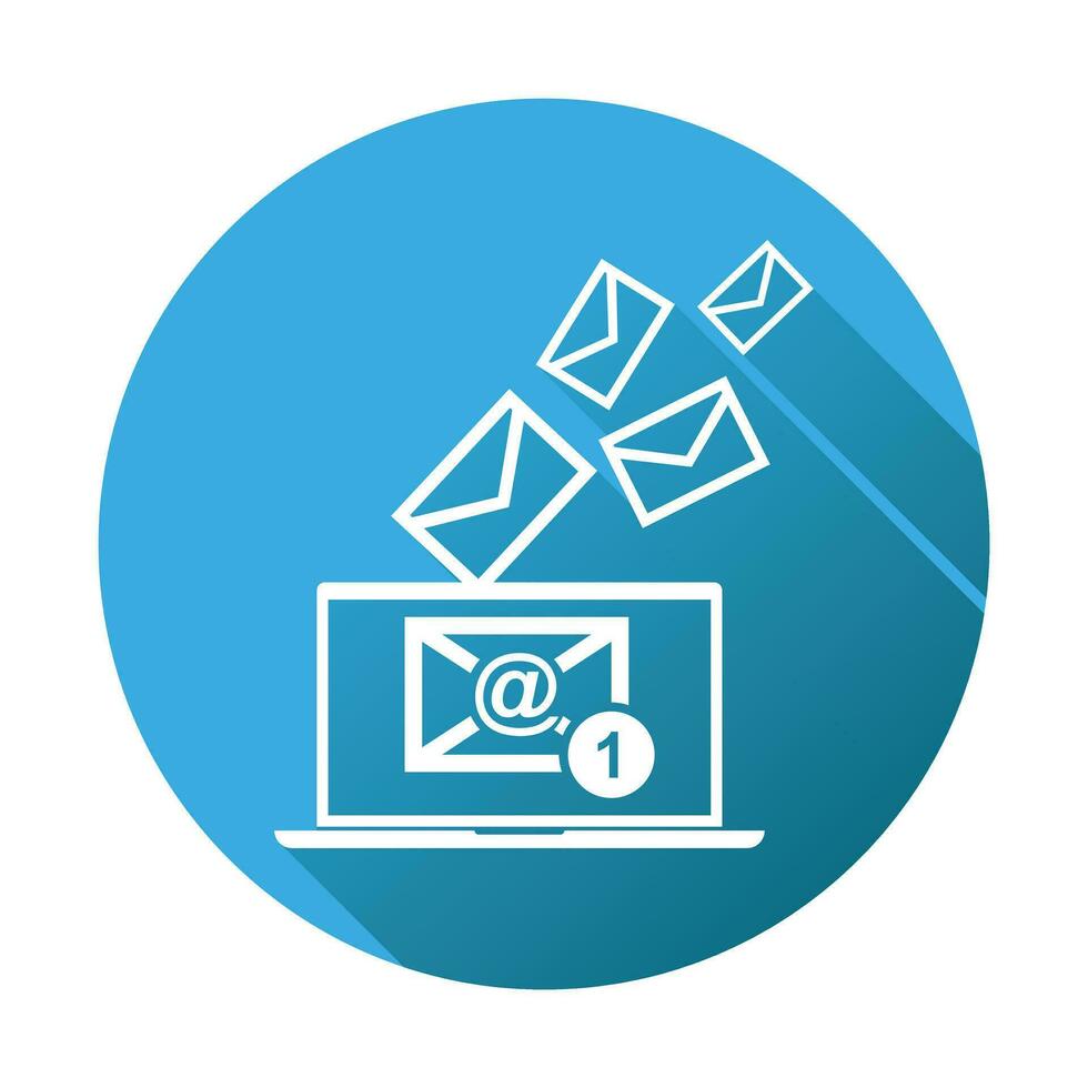 correo electrónico mensaje en ordenador portátil. vector ilustración en plano estilo en azul redondo antecedentes.