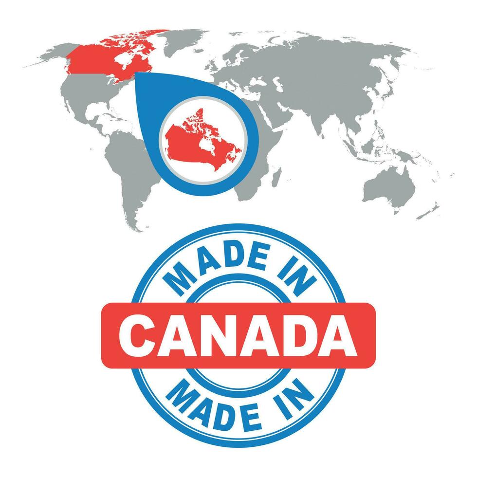 Made in Canada stamp. World map with red country. Vector emblem in flat style on white background.