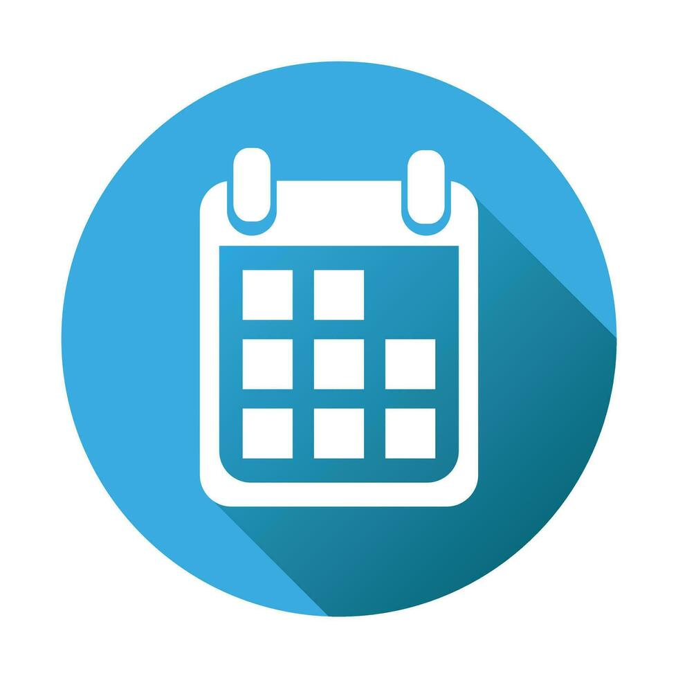 Calendar icon on blue round background, vector illustration. Flat style. Icons for design, website.