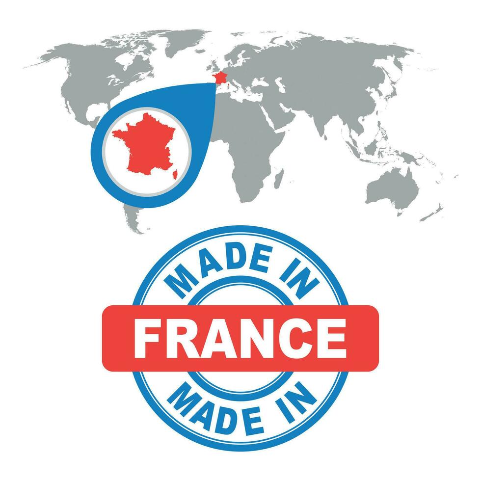 Made in France stamp. World map with red country. Vector emblem in flat style on white background.