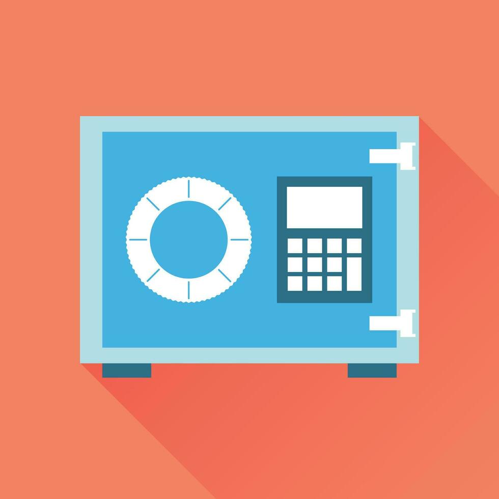 Money safe icon. Vector illustration in flat style on orange background with long shadow.