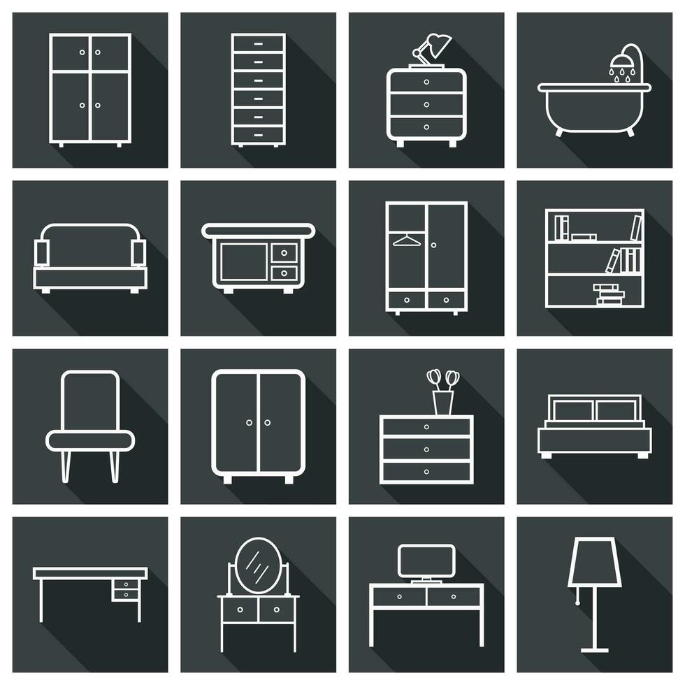 Furniture icons set. Flat vector illustration on black background. Universal icon for web design.