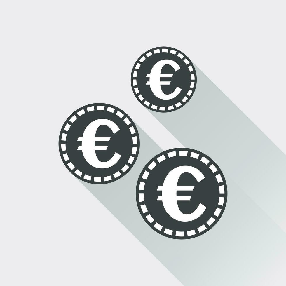 Euro coins icon. Vector illustration in flat style. Black coin on white background with long shadow.