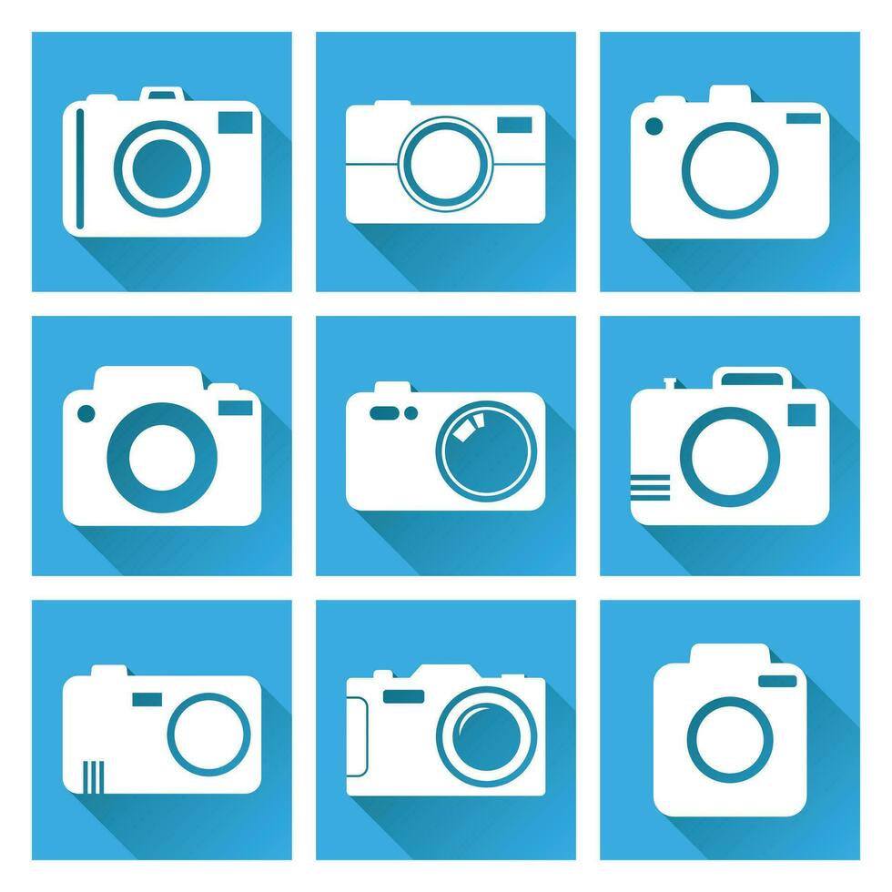 Camera icon set on blue background with long shadow. Vector illustration in flat style with photography icons.