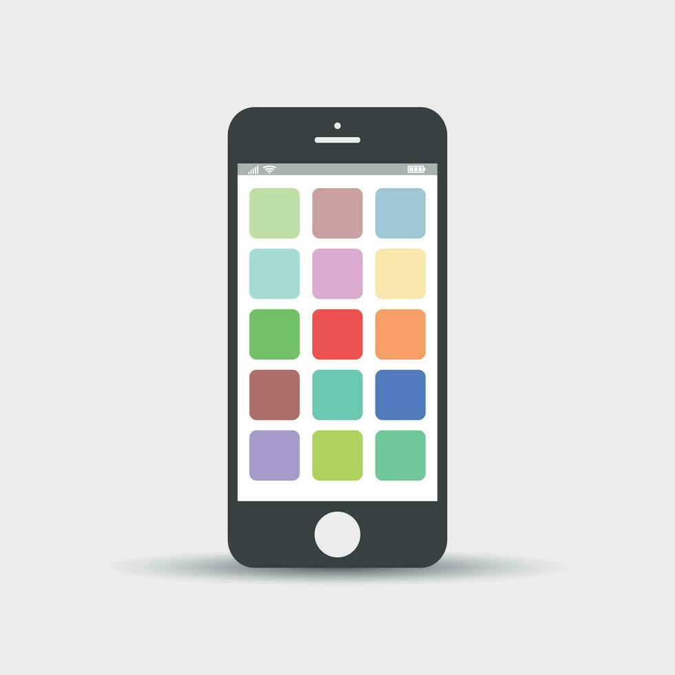 Smartphone icon. Vector illustration on white background. Telephone in iphone style with app icons.