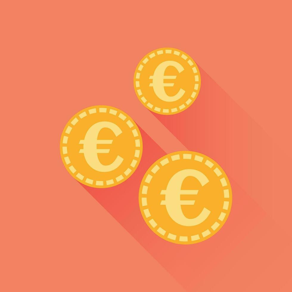 Euro coins icon. Vector illustration in flat style. Gold yellow coin on orange background with long shadow.