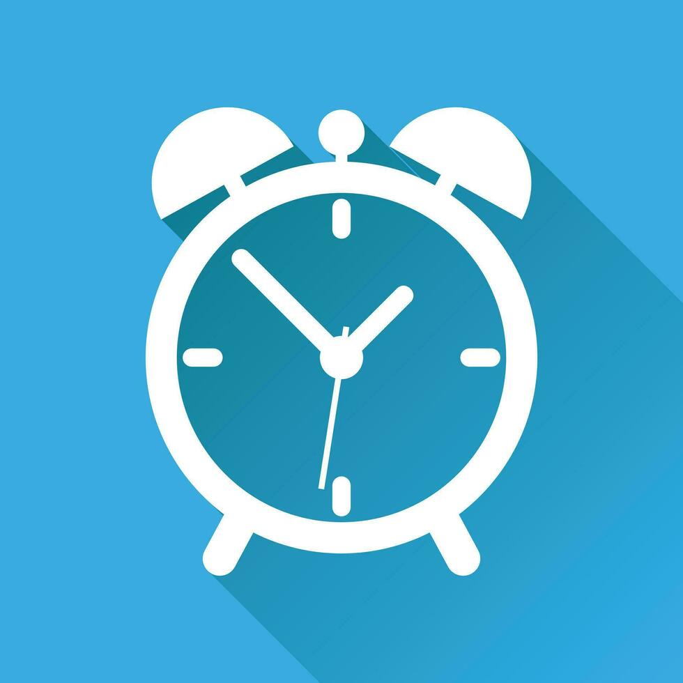 reloj icono, plano diseño. vector ilustración con largo sombra en azul antecedentes.