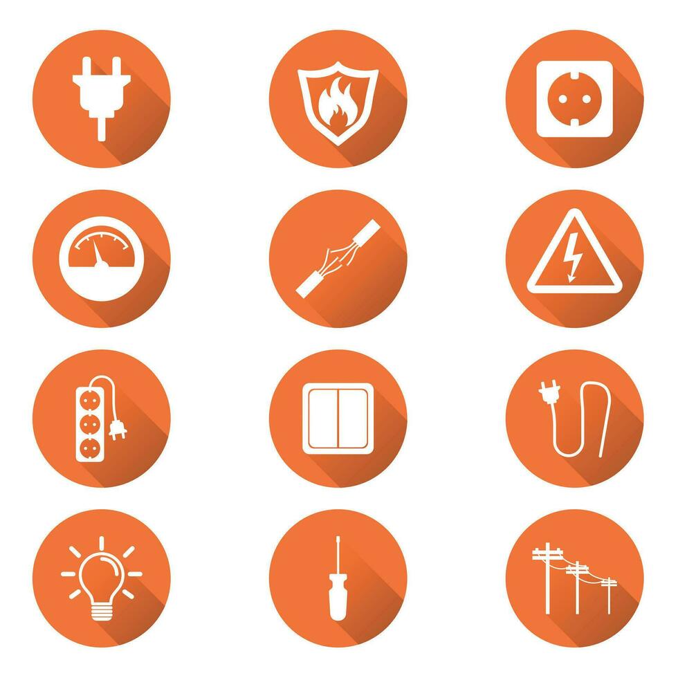 Electricity icon. Vector illustration in flat style on orange circle background with shadow.