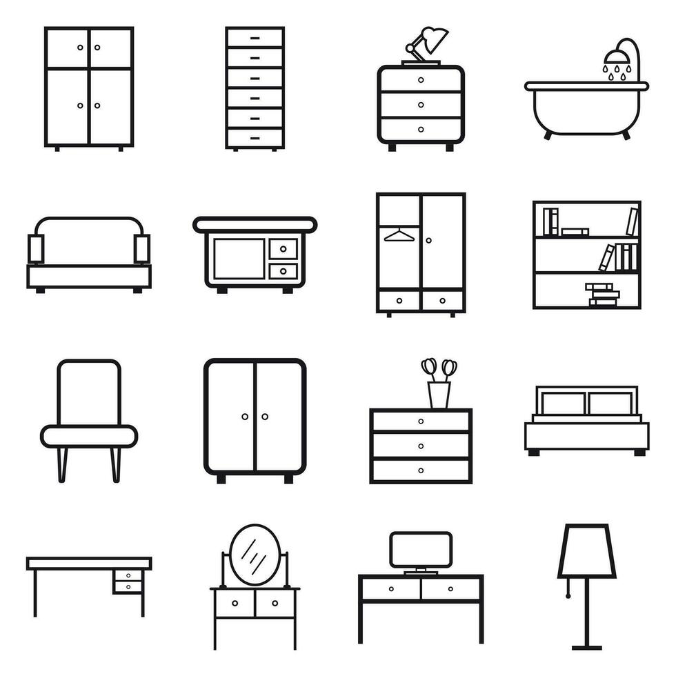 Furniture icons set. Flat vector illustration on white background. Universal icon for web design.