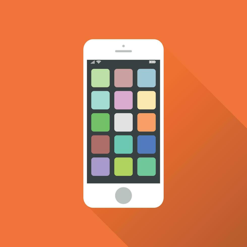 Smartphone icon. Vector illustration on orange background with shadow. Telephone in iphone style with app icons.