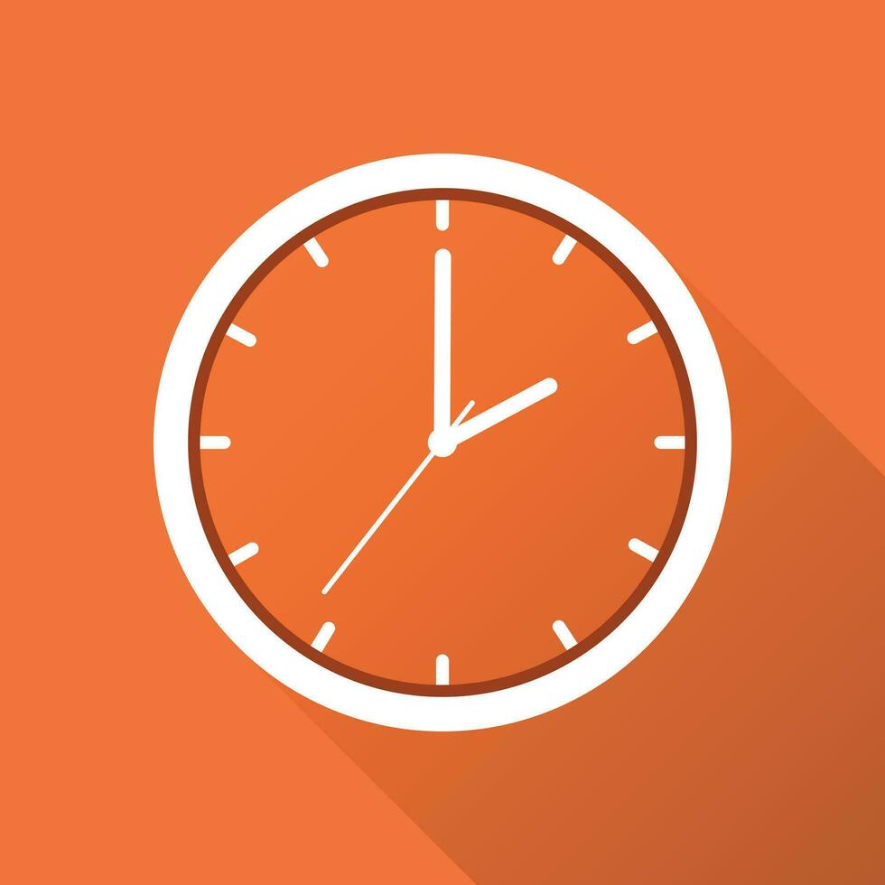 reloj icono, plano diseño. vector ilustración con largo sombra en naranja antecedentes.