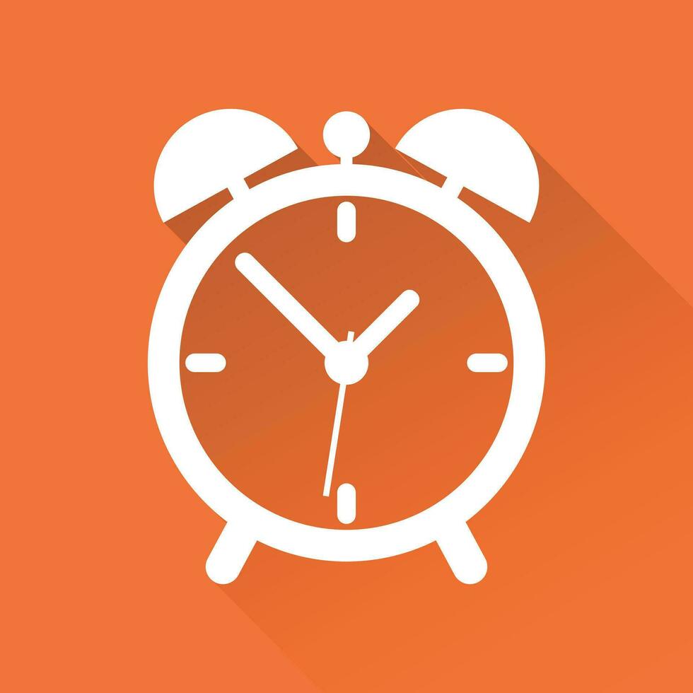 Clock icon, flat design. Vector illustration with long shadow on orange background.