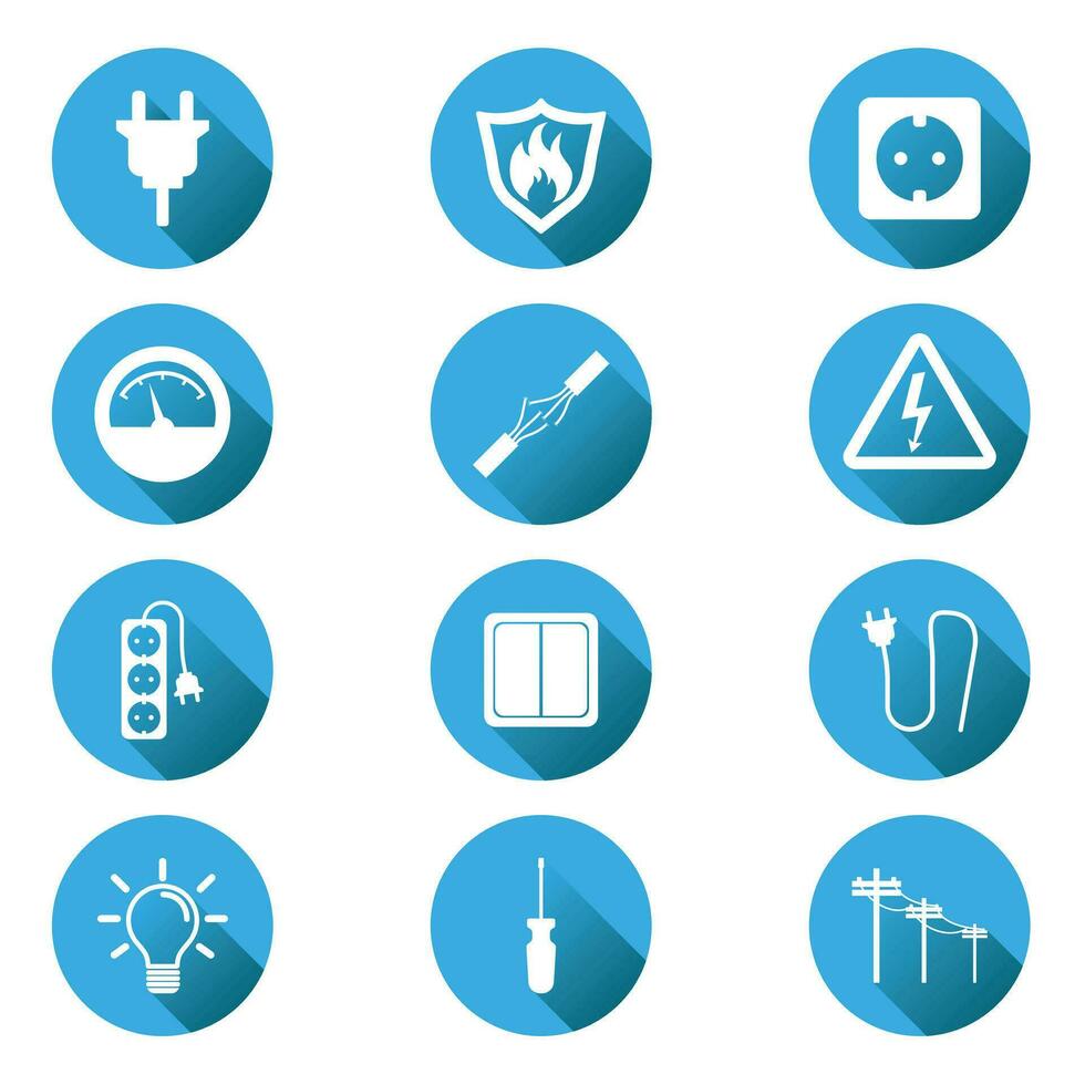 Electricity icon. Vector illustration in flat style on blue circle background with shadow.