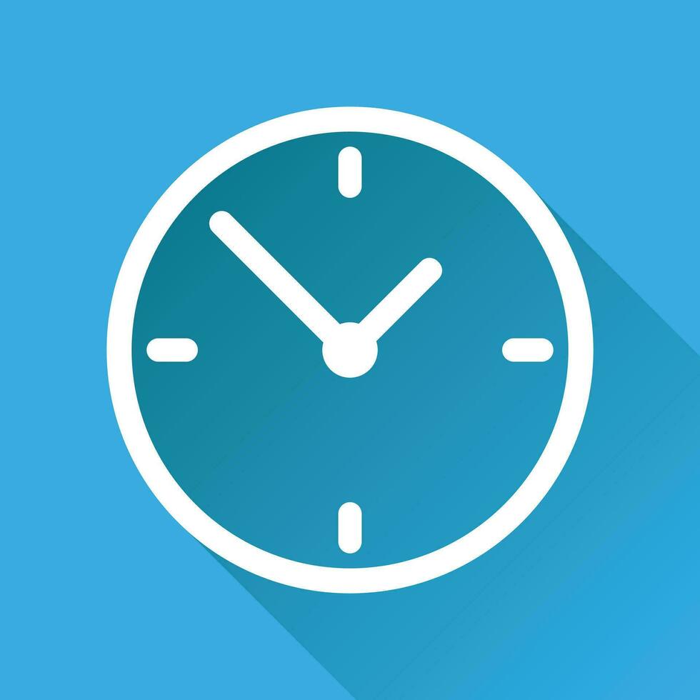 Clock icon, flat design. Vector illustration with long shadow on blue background.
