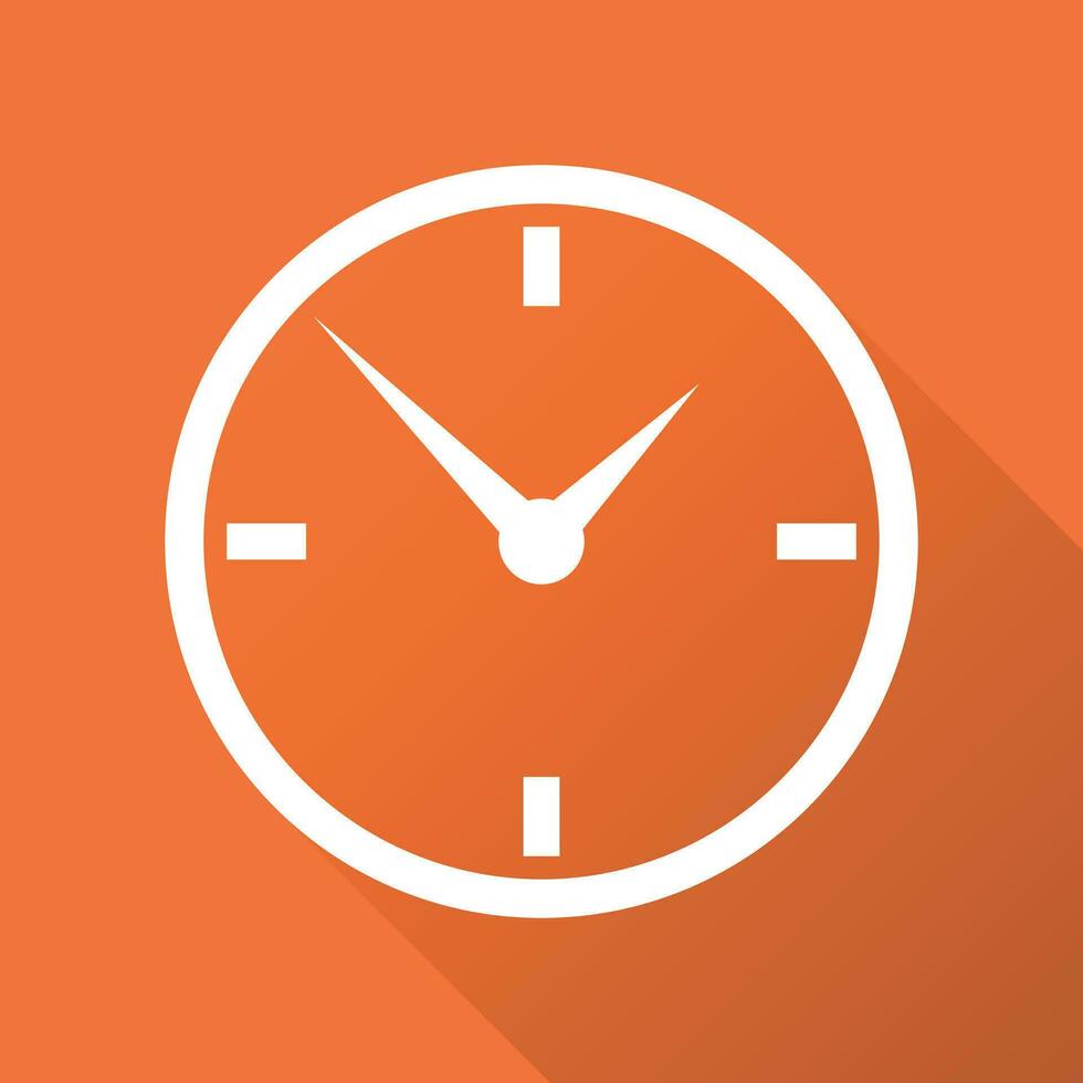 Clock icon, flat design. Vector illustration with long shadow on orange background.