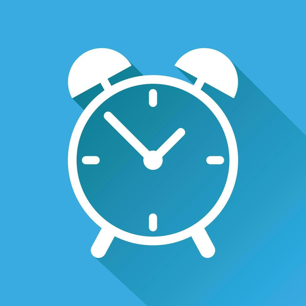 Clock icon, flat design. Vector illustration with long shadow on blue background.