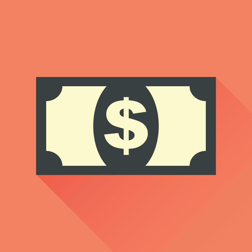 Money icon. Vector illustration in flat style. Dollar with long shadow on orange background.