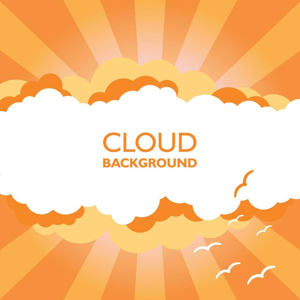 Clouds in the sky with sun rays. Flat vector illustration in cartoon style. Orange colorful background.Clouds in the sky with sun rays. Flat vector illustration in cartoon style