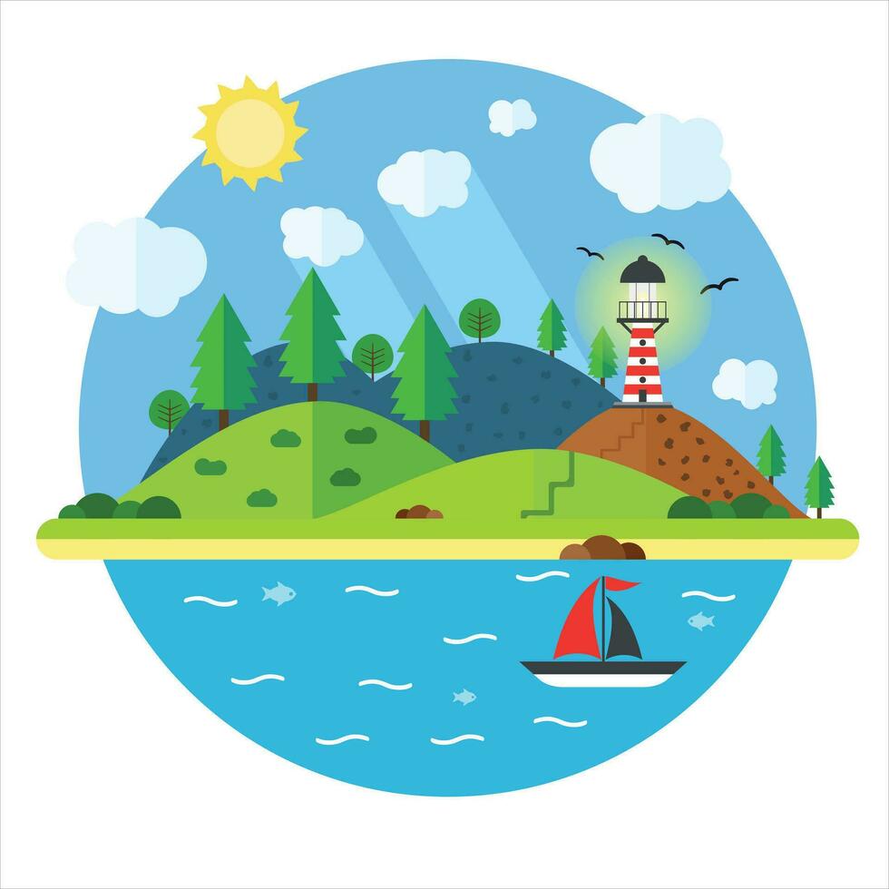 Island in the sea with lighthouse, hill, tree, mountain, fish and sailing ship. Summer time holiday voyage concept. Illustration in flat style. Travel background. vector