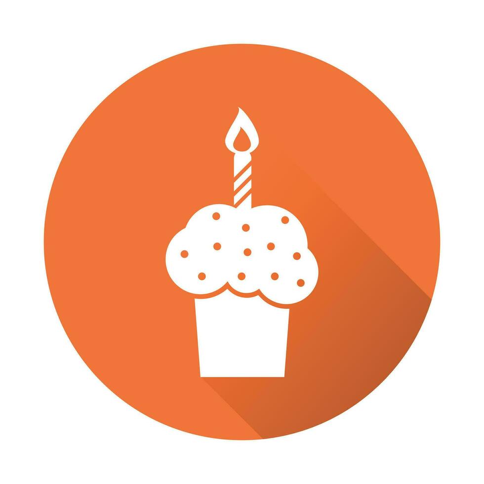 cumpleaños pastel plano icono. Fresco tarta mollete en naranja redondo antecedentes vector