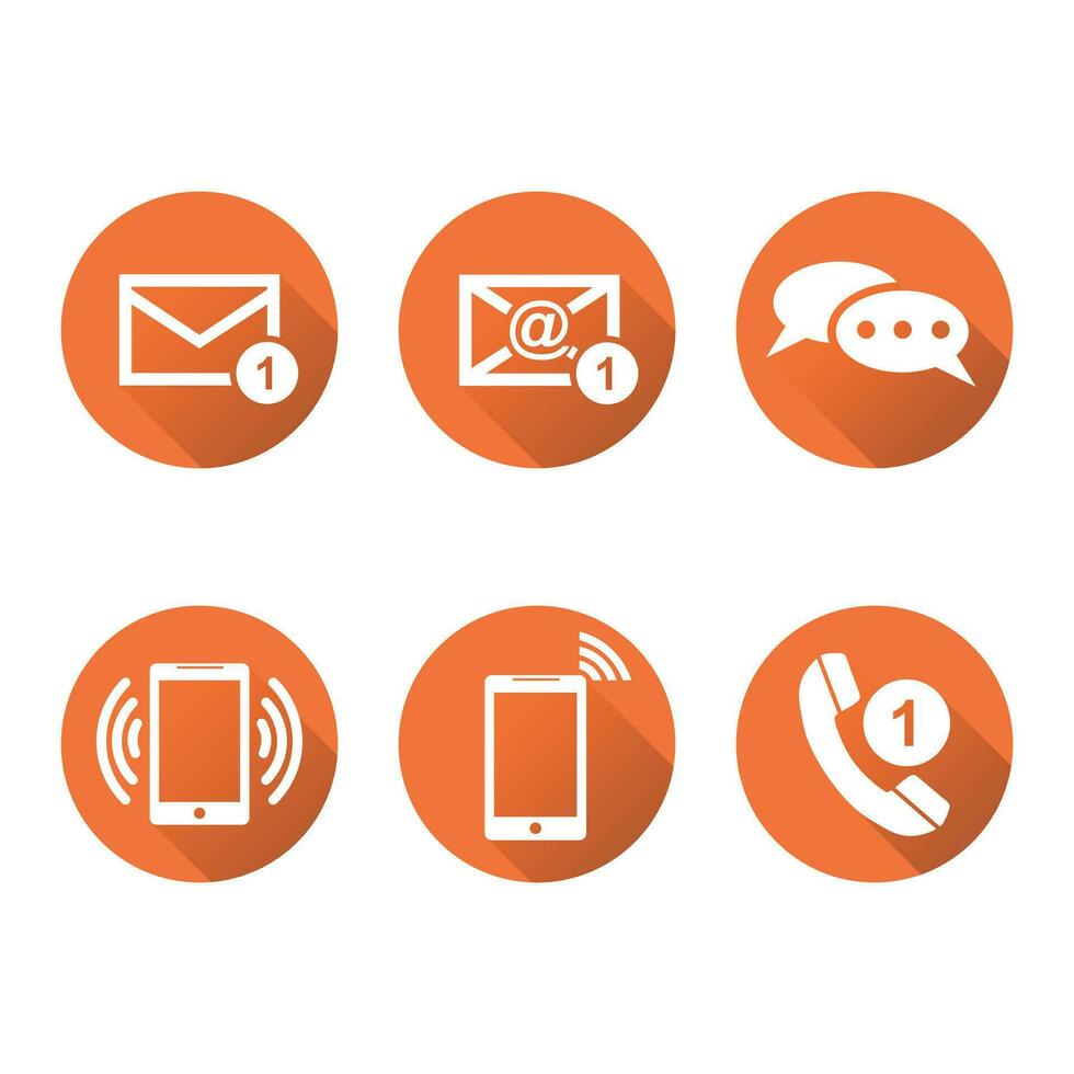 Contact buttons set icons. Email, envelope, phone, mobile. Vector illustration in flat style on round orange background with shadow.