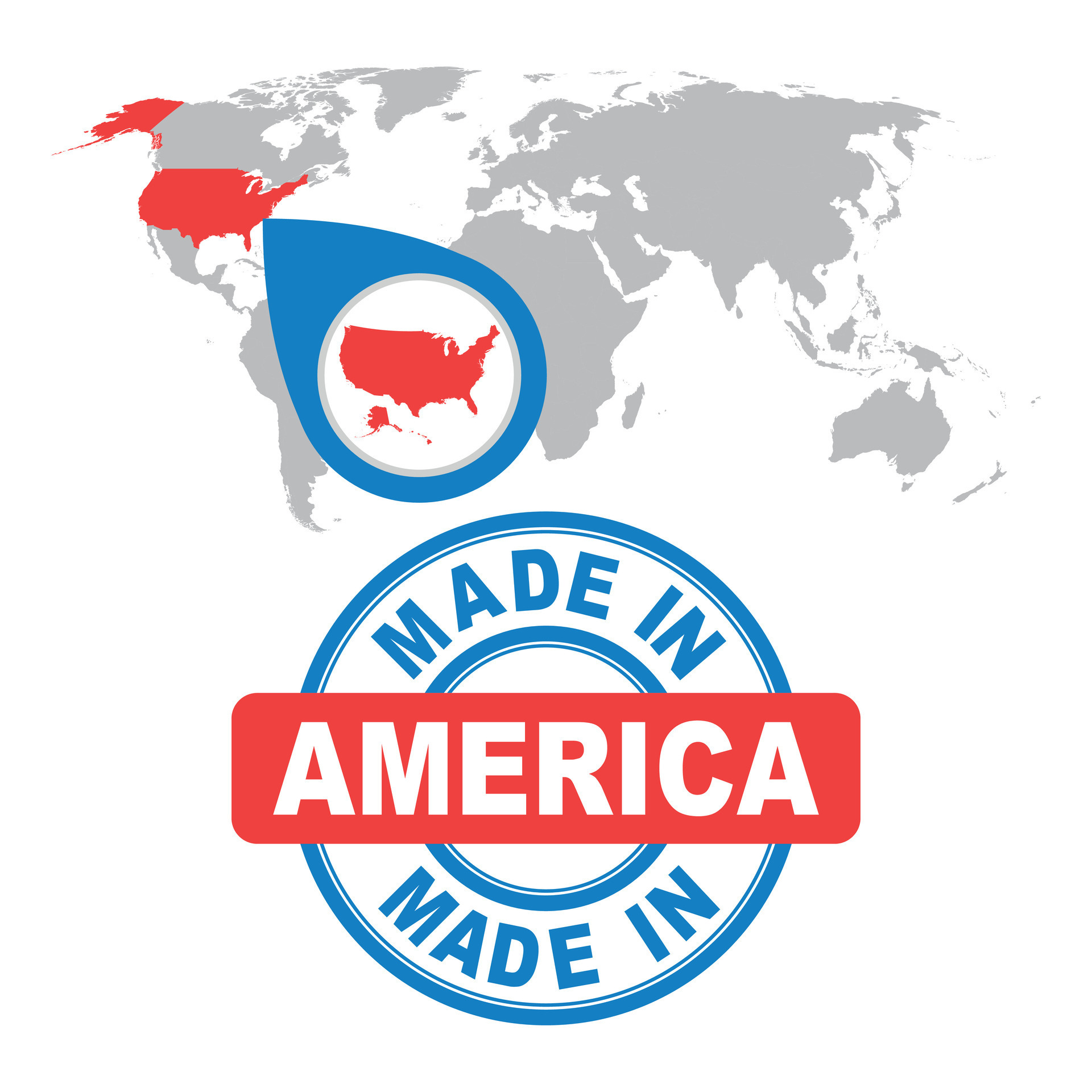 Made in America, USA stamp. World map with red country. Vector emblem