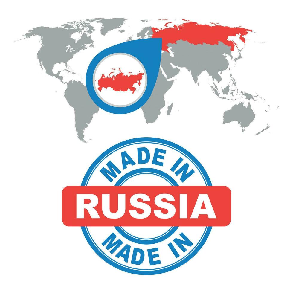 Made in Russia stamp. World map with red country. Vector emblem in flat style on white background.