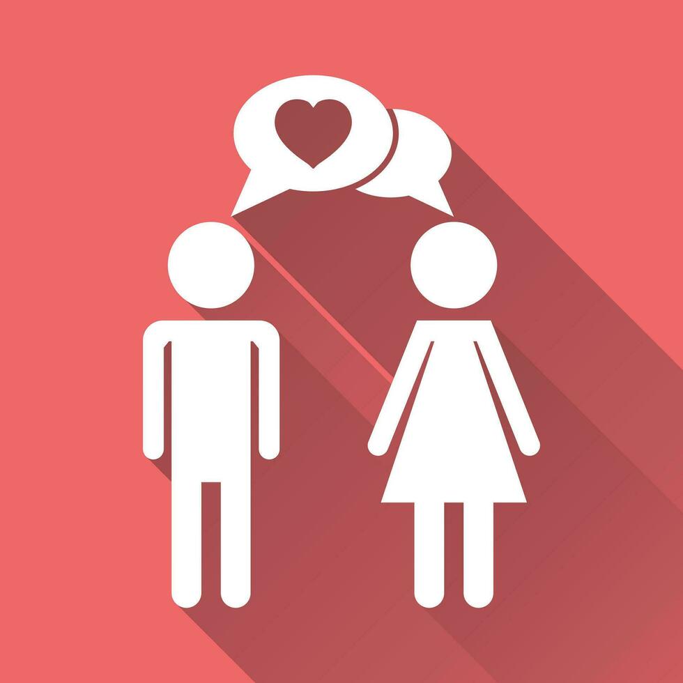 Vector man and woman with heart icon with long shadow. Modern flat pictogram. Simple flat symbol for web site design.