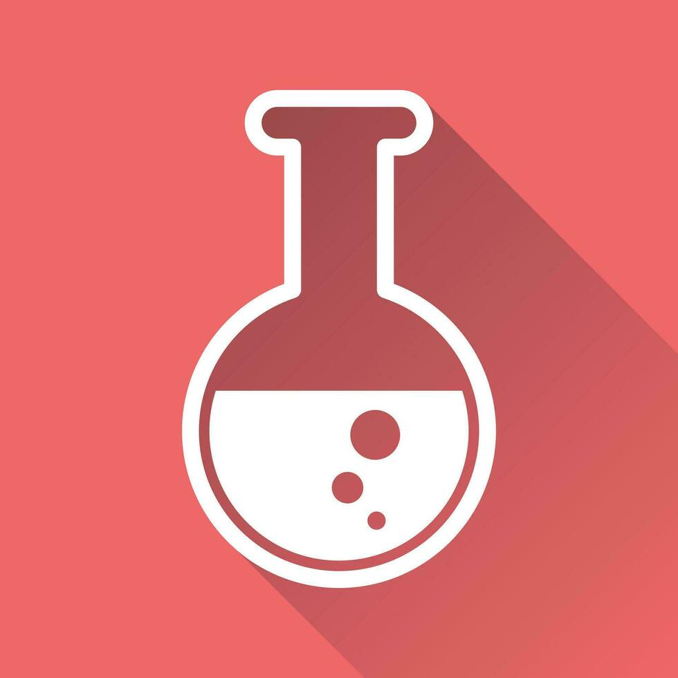 Chemical test tube pictogram icon. Chemical lab equipment isolated on red background with long shadow. Experiment flasks for science experiment. Trendy modern vector symbol. Simple flat illustration